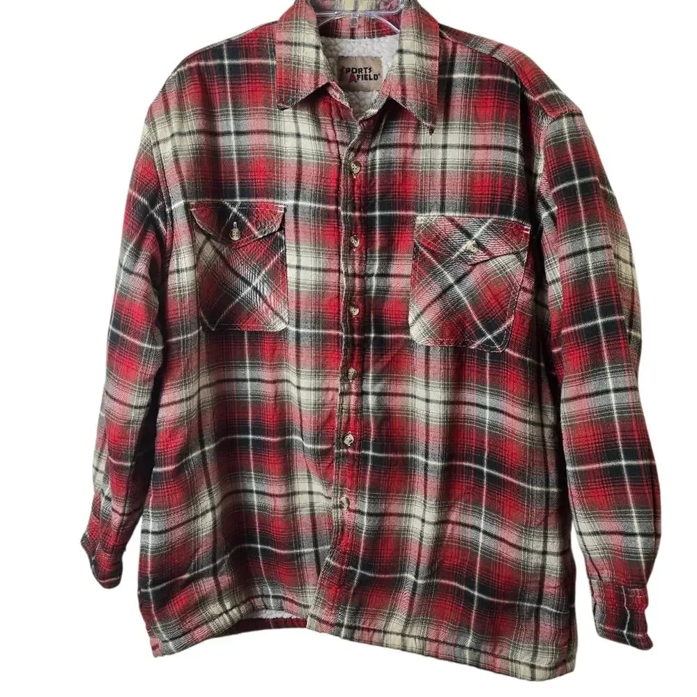 Vintage 80s Red Plaid Sherpa Lined Quilted Shacket Jacket Men's Outdoor Chore L